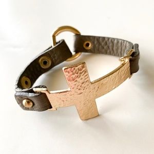Gold Cross & Taupe Leather Bracelet